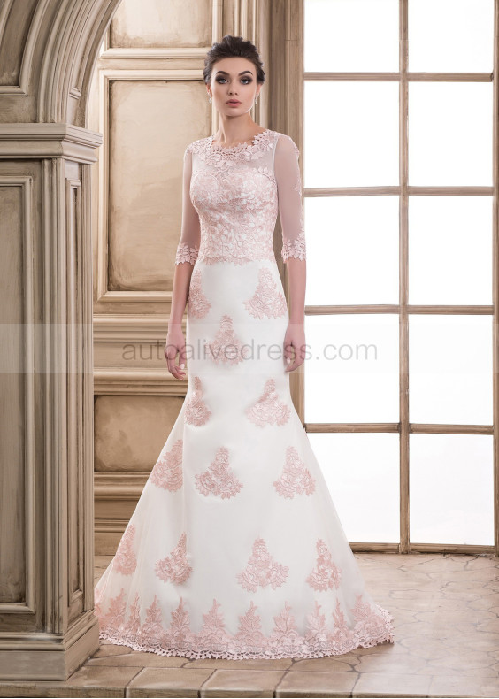 Elbow Sleeves Rose Pink Lace Tulle Wedding Dress